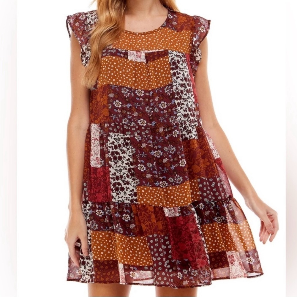 Crystal Doll Patchwork Floral Ruffle Tiered Dress Flutter cap sleeve Lined Sz S